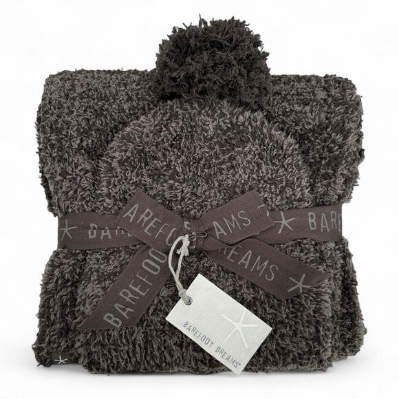NWT Barefoot Dreams Espresso Cocoa CozyChic Pom Pom Beanie & Scarf Set One Size - Picture 1 of 4